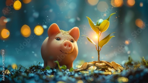 Beaming piggy bank, gold coins as leaves, a tree plant growing, on a forest blue backdrop