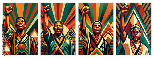 Ethnic poster with cultural pattern. Symbolizing freedom and diversity. Set of pride african mans wit raised fists, symbol of african struggle. Black history month or juneteenth