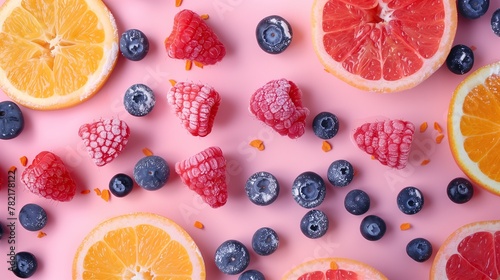 Artistic top view of berries and citrus slices on a pastel pink surface