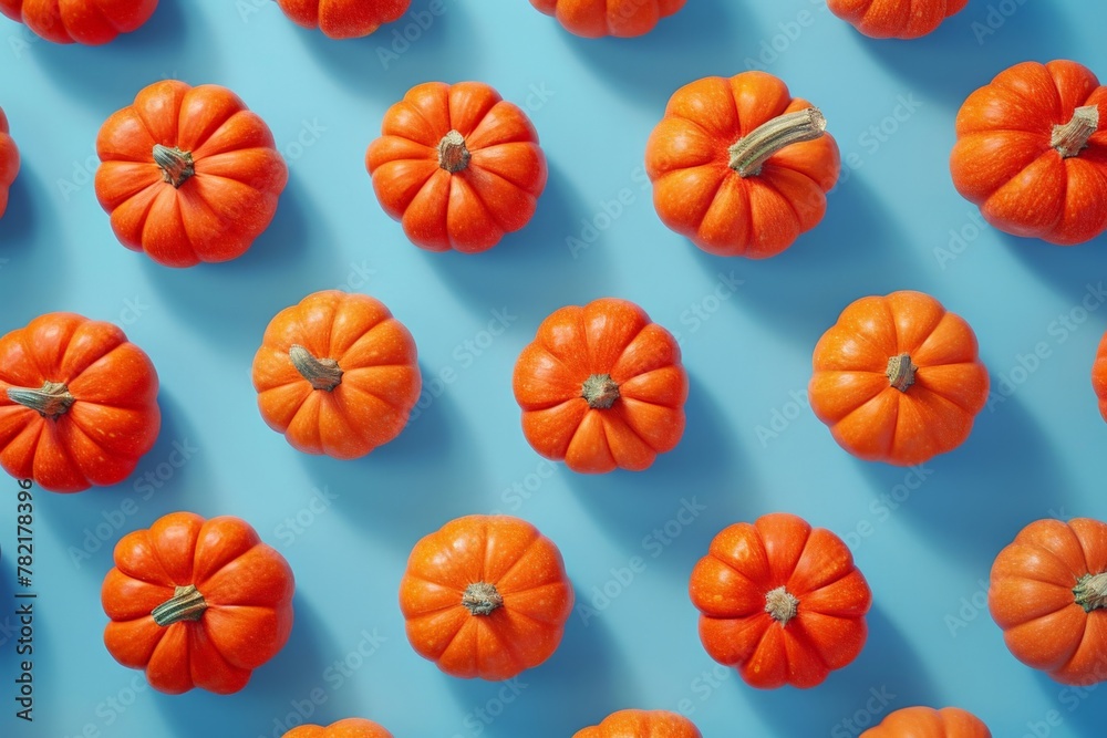 Autumn Harvest Vibrant Orange Pumpkins Arranged in a Pattern on a Serene Blue Background, Flat Lay Concept