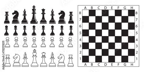 Set of black chess and chessboard pieces icons in flat style on the white background. Vector illustration.