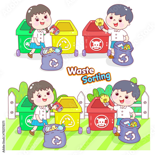 Cartoon Kids in Waste Sorting Character.