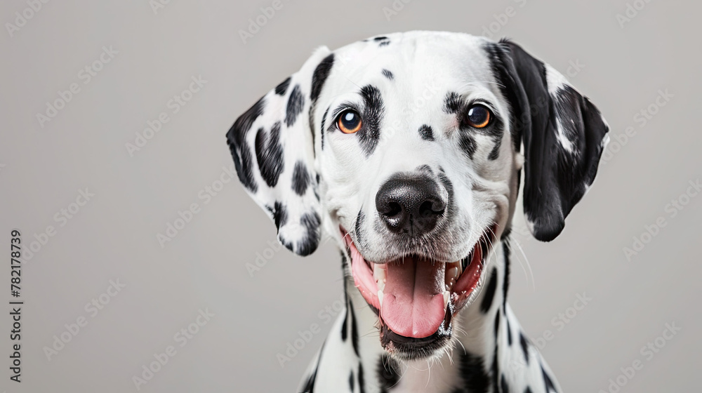 Studio portrait of a dalmatian dog with a happy face, on grey background Studio portrait of a dalmatian dog with a happy face, on grey background