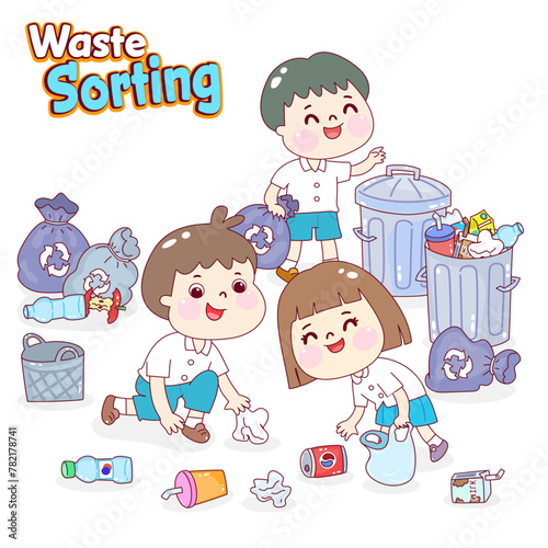 Cartoon Kids in Waste Sorting Character.