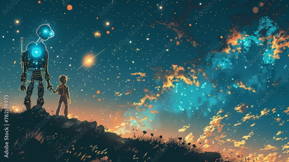 Child and robot companion gazing at a star-filled sky in an imaginative landscape.