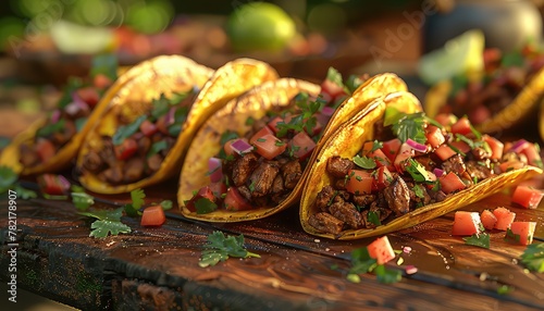 Taco Fiesta Extravaganza, Create a concept showcasing the colorful and flavorful world of tacos, featuring a variety of fillings such as carne asada, al pastor, and grilled vegetables photo
