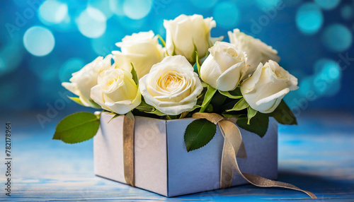 White roses in gift box on a blue background. Flowers for wedding, anniversary, Mother’s Day, Valentine's day, birthday.