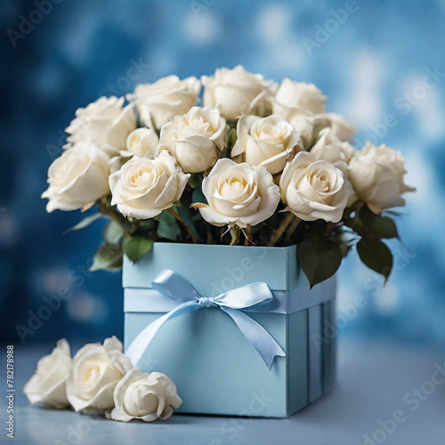 White roses in gift box on a blue background 