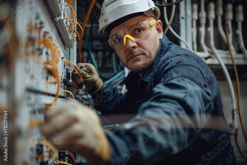 Senior Electrician working on electrical panel, holding tools in hands. Old man worker wearing yellow safety glasses, uniform work, white helmet. In front there are cables, wires, ectrical equipment