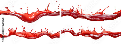 Set of vibrant and energetic splashes of a red liquid similar to red berry jam, juice or punch, cut out
