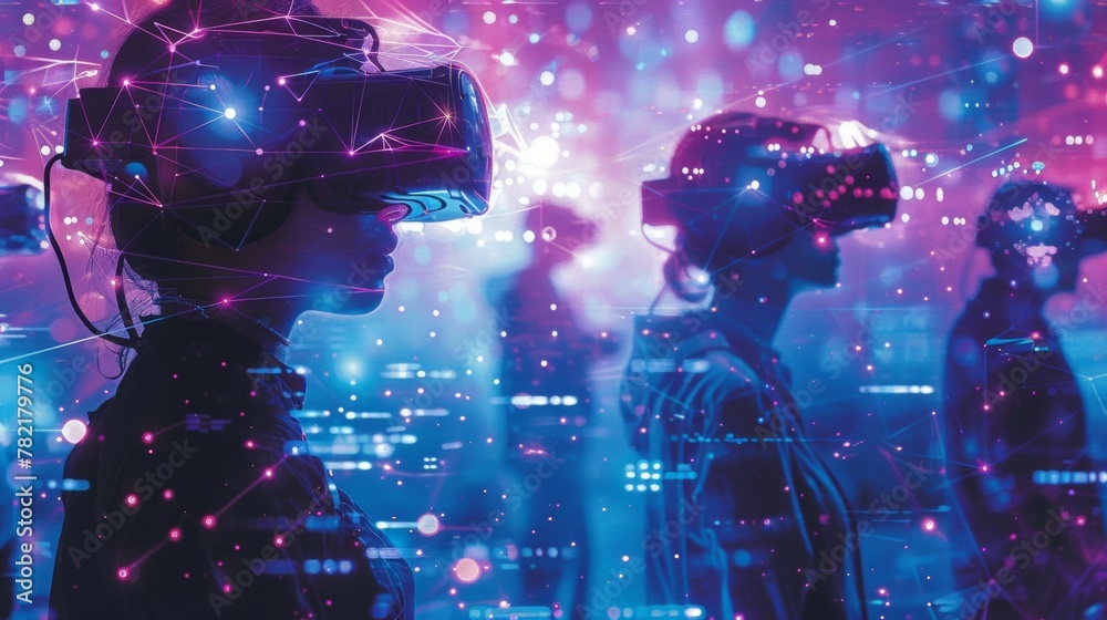 Person using virtual reality headset with immersive interface graphics. Person using virtual reality headset with immersive interface graphics.