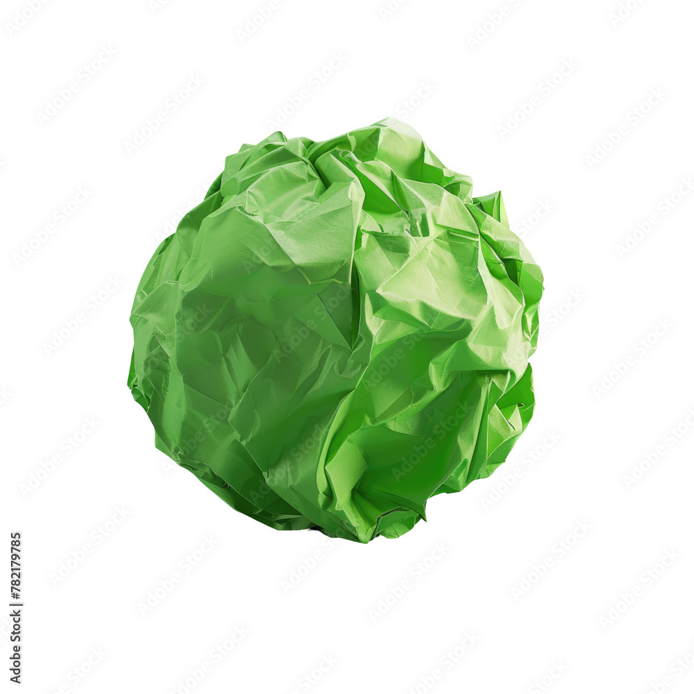 Crumpled green paper ball on transparent background