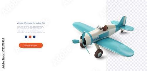 Vintage Propeller Plane Model on Transparent Background. Classic light blue biplane with propeller, ready for imaginative skies, in a realistic 3D render. Airplane 3d catroon. Vector illustration