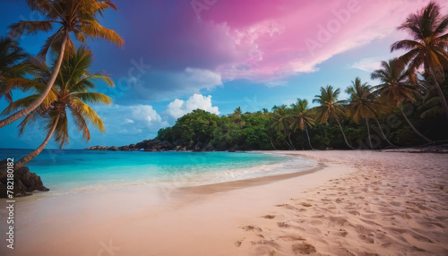 A scenic tropical beach featuring palm trees and crystal-clear blue water under a bright sky