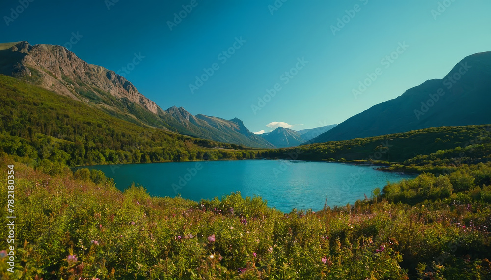 A vast body of water surrounded by towering mountains under a clear blue sky