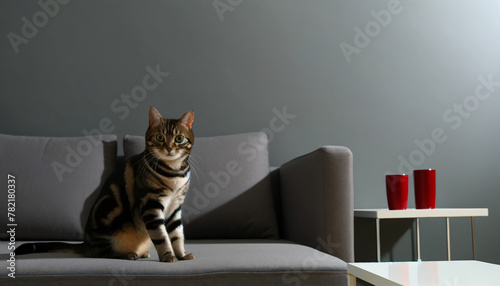 An alert domestic short-haired tabby cat sitting on a modern grey sofa. The cat's coat has a mackerel pattern with dark stripes