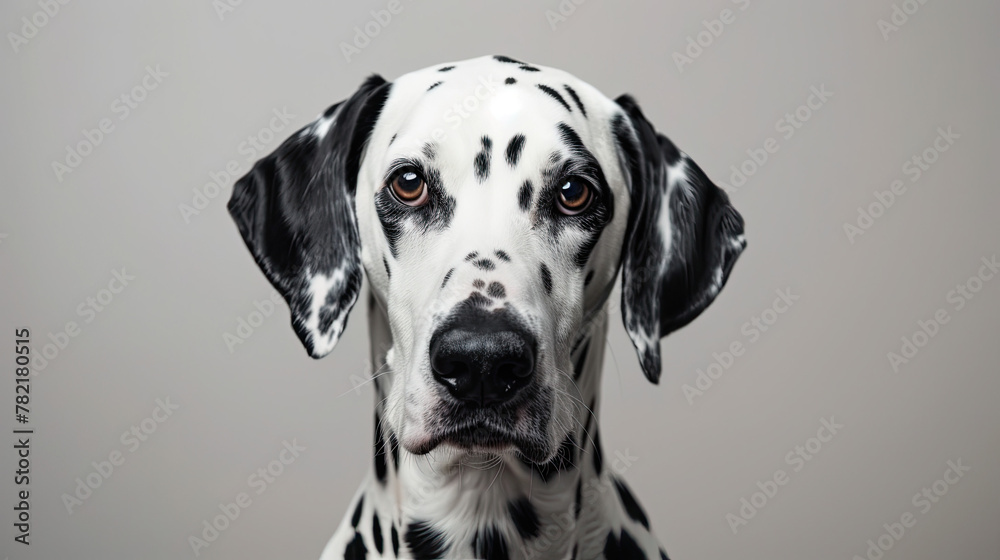 Studio portrait of a dalmatian dog with sad face, on grey background Studio portrait of a dalmatian dog with sad face, on grey background