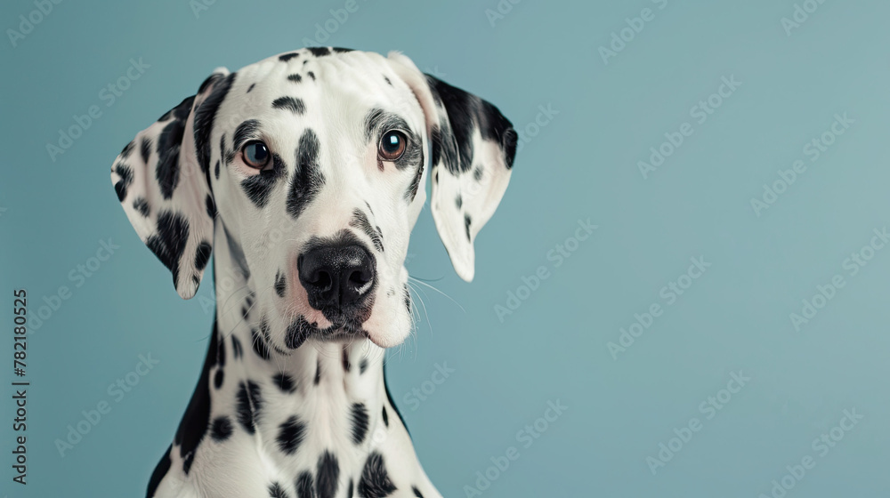 Studio portrait of a dalmatian dog with sad face, on pastel blue background Studio portrait of a dalmatian dog with sad face, on pastel blue background