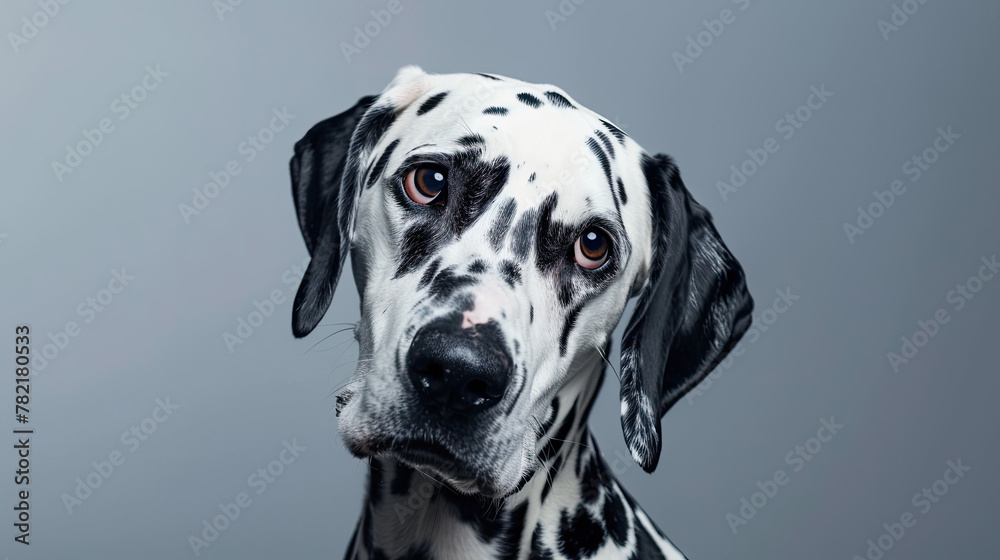 Studio portrait of a dalmatian dog with sad face, on grey background