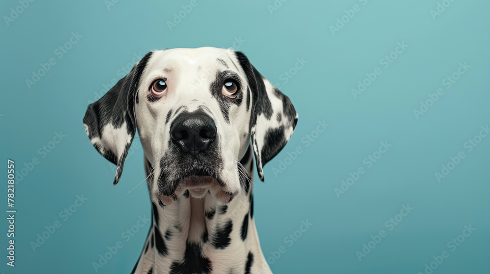 Studio portrait of a dalmatian dog with sad face, on pastel blue background