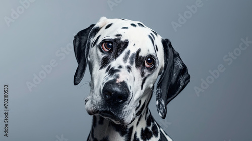 Studio portrait of a dalmatian dog with sad face, on grey background ©  Mohammad Xte