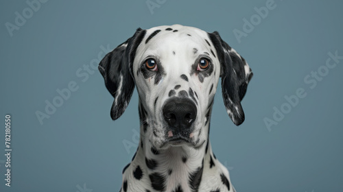 Studio portrait of a dalmatian dog with sad face  on pastel blue background