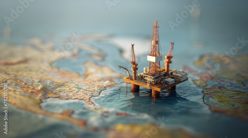 Miniature Oil Rig on Map Next to North America