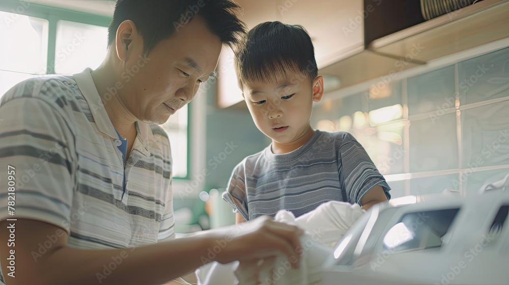 The son helps his father load dirty laundry into washing machine The son helps his father load dirty laundry into washing machine