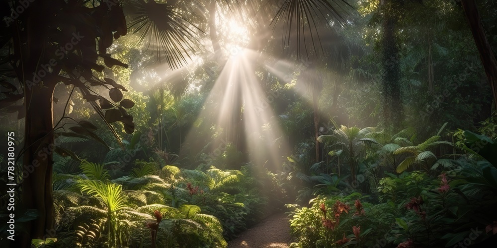 Tropical rain jungle deep forest with beab ray light shining. Nature outdoor adventure vibe scene background view Tropical rain jungle deep forest with beab ray light shining. Nature outdoor adventure vibe scene background view