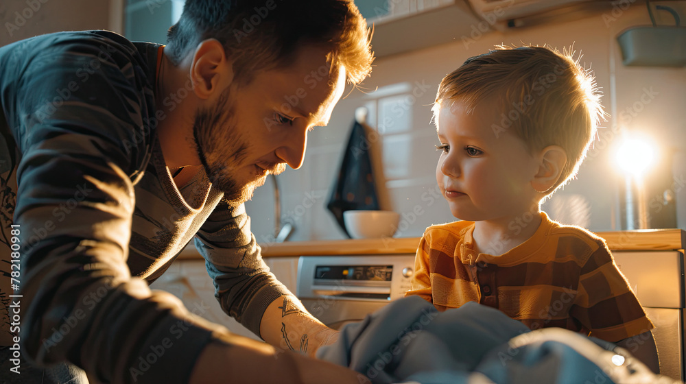 The son helps his father load dirty laundry into washing machine The son helps his father load dirty laundry into washing machine