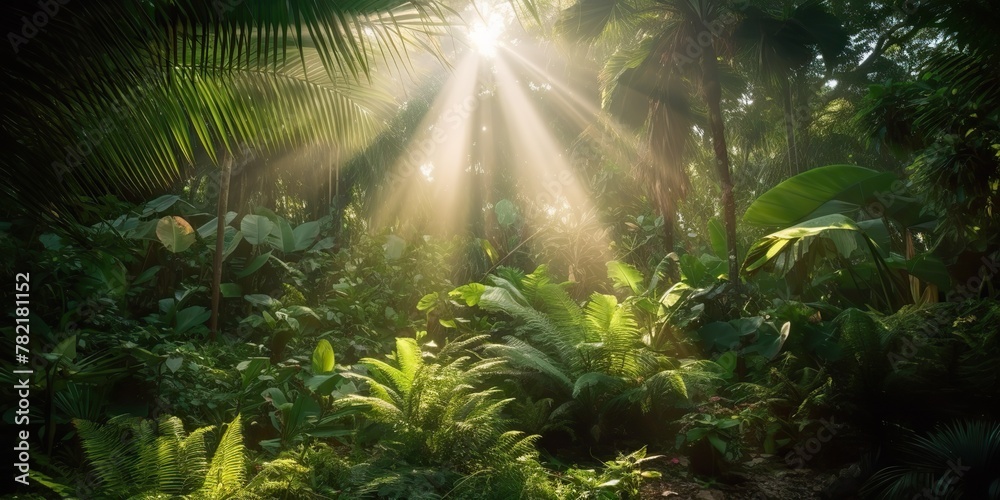 Tropical rain jungle deep forest with beab ray light shining. Nature outdoor adventure vibe scene background view Tropical rain jungle deep forest with beab ray light shining. Nature outdoor adventure vibe scene background view