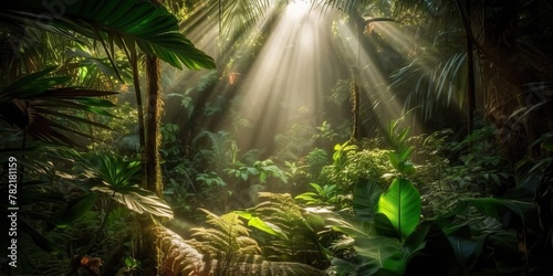 Tropical rain jungle deep forest with beab ray light shining. Nature outdoor adventure vibe scene background view