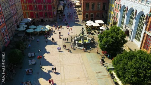 Aerial view of the Neptune Fountain in the old town of Gdansk