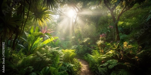 Tropical rain jungle deep forest with beab ray light shining. Nature outdoor adventure vibe scene background view © Graphic Warrior
