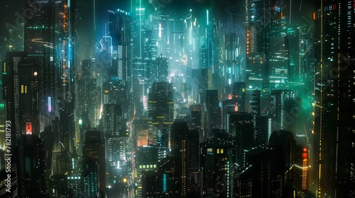 Digital artwork of a dense  futuristic city with neon lights and a night atmosphere.