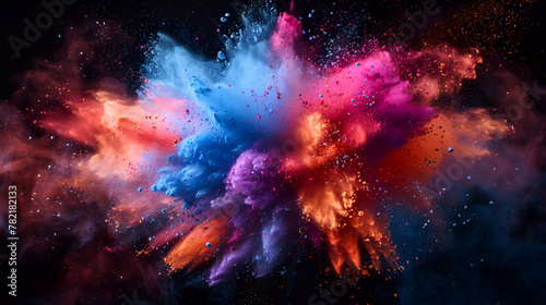 Holi paint rainbow multi-colored powder explosion on a black background  generative Ai