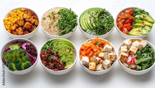 Plant Powered Protein Bowls, Capture the beauty and diversity of plant-based protein bowls filled with ingredients like quinoa, tofu, roasted vegetables, and avocado