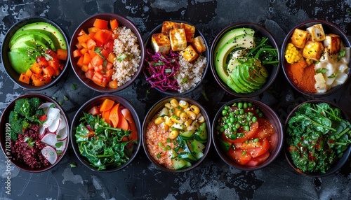Plant Powered Protein Bowls, Capture the beauty and diversity of plant-based protein bowls filled with ingredients like quinoa, tofu, roasted vegetables, and avocado