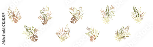 Tender Floral Bouquet Composition with Twigs Vector Set