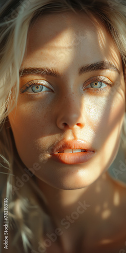 Nahaufnahme einer blonden Frau, scharfe Schatten der Sonne © Fatih