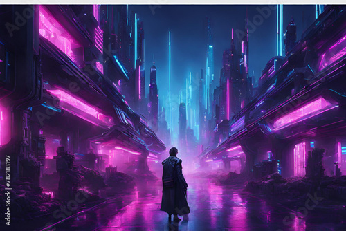 dark futuristic city with dimmed neon blue pink and purple lights