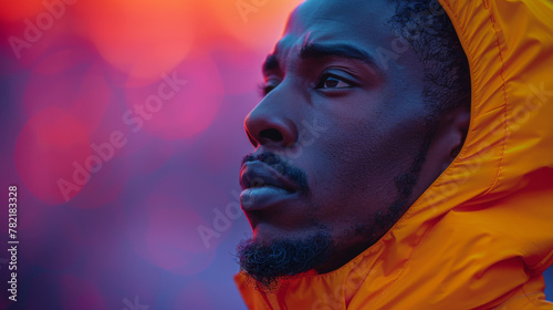 Portrait of a motivated sportsman standing isolated over violet background, doing stretching exercises.