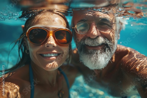 A man and a woman are underwater and take a selfie.