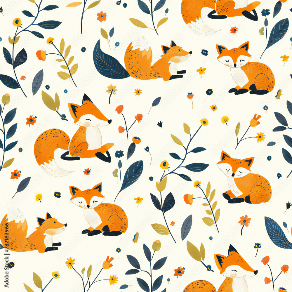 Fototapeta premium cute seamless fox pattern for wallpaper and background in vibrant pastel colour, children illustration