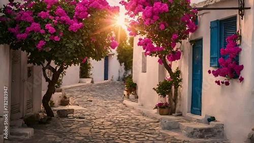 beautiful greece alley in morning with Bougainvillea flower tree in the alley, doll houses, wind blowing, ai generative, travel, stock video, travel videos, asmr, youtube, greece, calming nature, ai photo