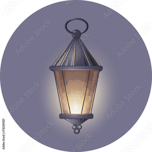 Lantern, antique classic hand lantern, retro lantern. Old fashioned lamp, vintage silhouette. Vintage street night lamp with a candle. Vector drawing.