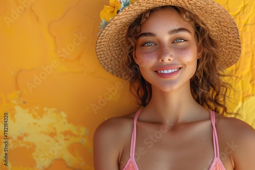 Portrait of a young curly woman in a straw hat and swimsuit on a yellow background