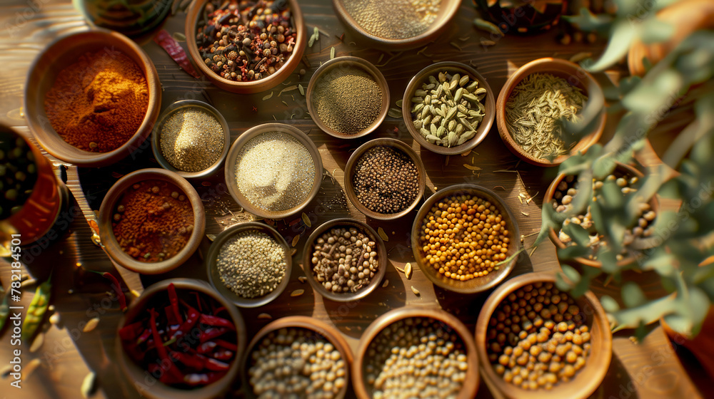 Various kinds of spices on wooden table top view