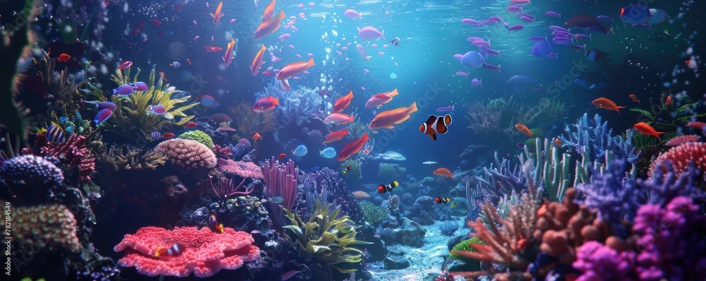 Underwater scenery with colorful fishes and corals. - obrazy, fototapety, plakaty 