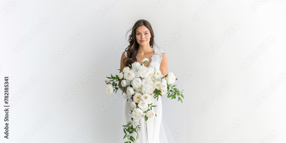 bride holding a cascading bouquet of white roses and peonies against a clean white background. bride holding a cascading bouquet of white roses and peonies against a clean white background.